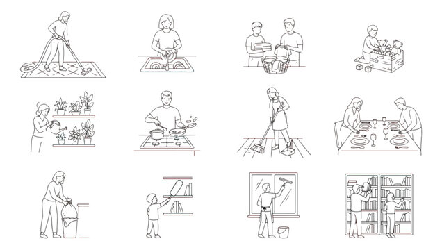 Minimalist line art collection of 12 household chores icons, people doing domestic housework and cleaning tasks, simple black and white vector set
