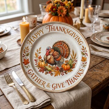 Beautiful Decorative Thanksgiving Ceramic Dinner Plate with Turkey, Pumpkins, and Autumn Leaves on Festive Rustic Dining Table