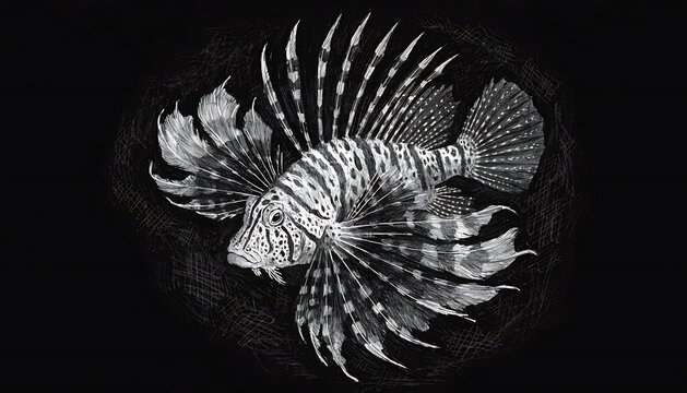 Lionfish swimming in dark underwater background