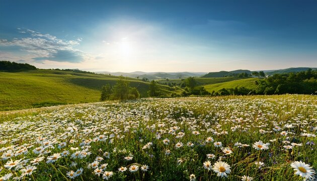 Beautiful Spring And Summer Natural Panoramic Pastoral Landscape With Blooming Field Of Daisies In The Grass In The Hilly Countryside