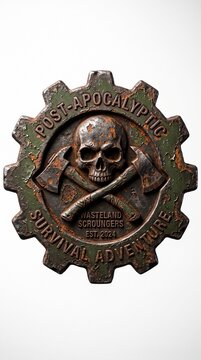 Post apocalyptic survival adventure gear badge with skull crossed axes rusted texture wasteland est 2024