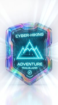 Cyber hiking trailblazer holographic badge with neon mountain compass digital adventure theme