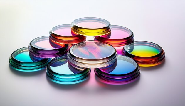 Iridescent And Chromatic Glass Lenses On A Clean White Background