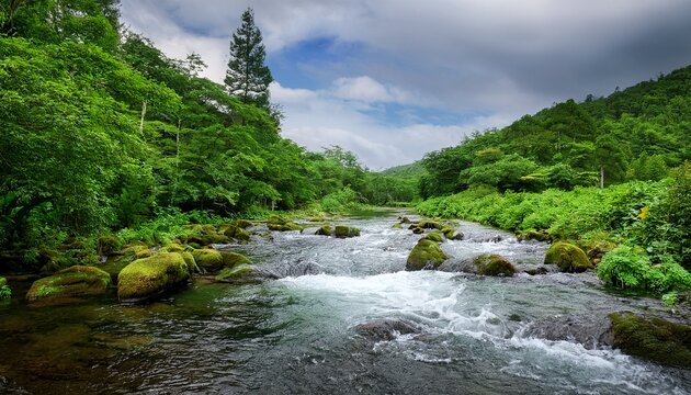 A Serene River Gracefully Flowing Through A Lush Green Forest Ecosystem