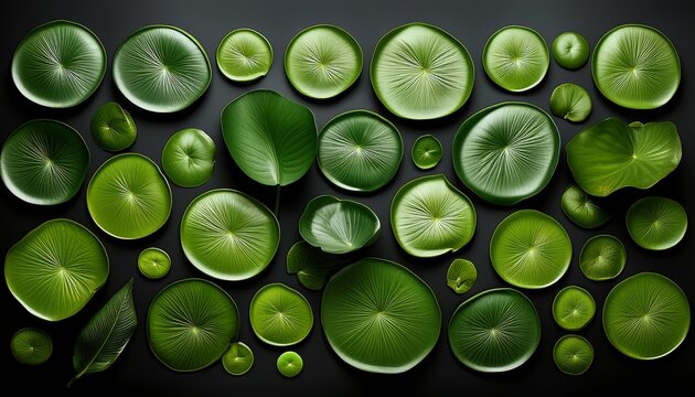 Arranged Green Lily Pads Various Sizes On A Stark Black Background