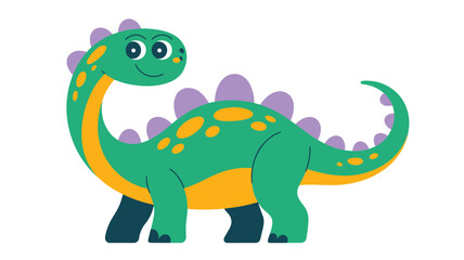 Fototapeta premium Adorable cartoon illustration of a green dinosaur with yellow spots and purple spines on a white background.
