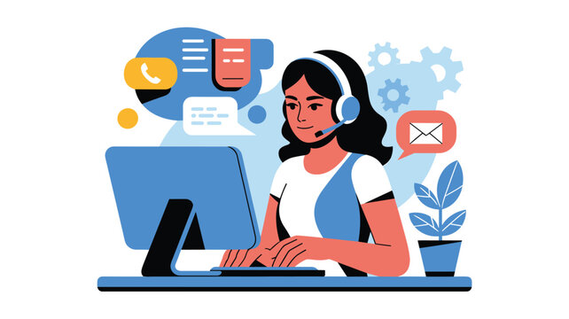 Professional female customer support agent wearing a headset and typing on a keyboard in front of a monitor.