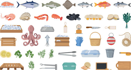 Fresh seafood market elements set with various fish octopus shrimp and professional market equipment vector © Monirul