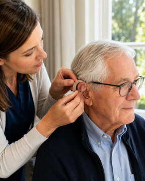Caregiver carefully adjusts an elderly man&rsquo;s hearing aid near a sunny window, supporting communication, comfort, and independent daily living.