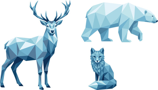 Geometric low poly winter forest animals vector set featuring polygonal deer stag polar bear and arctic fox illustrations
