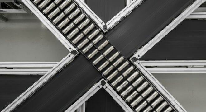 Overhead view of an industrial conveyor roller system at a logistics junction, showcasing automated material transport