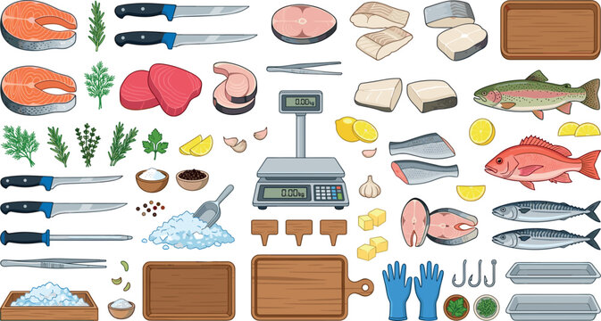 Fresh fish market cutting elements set with salmon tuna steaks digital scales and chef knives vector