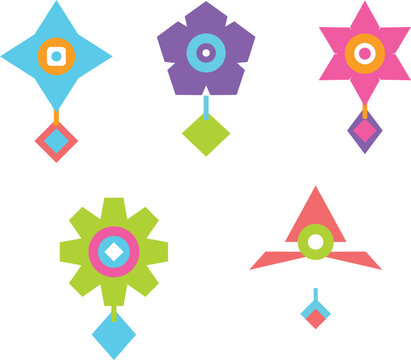 Minimal geometric flower icon set featuring five colorful floral symbols with clean polygonal shapes, modern symmetry, and vibrant flat colors. Designed for user interfaces, websites, branding, presen