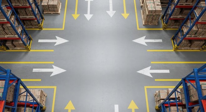 Top Down View of an Industrial Warehouse Floor with Traffic Arrows and Pallets