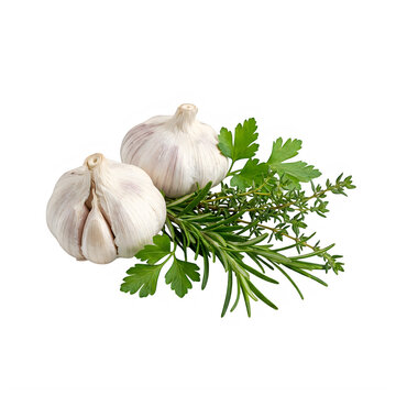 Two fresh garlic bulbs with green parsley and rosemary herbs for cooking isolated on transparent background