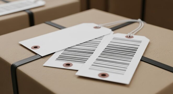 Two blank white shipping labels with barcodes attached to a cardboard package