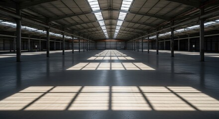 Obraz premium Vast industrial warehouse interior with sunlight casting geometric shadows across the concrete floor and ceiling