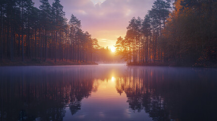 Picturesque forest lake golden hour with sun dipping behind tall trees and calm water reflection © THUA