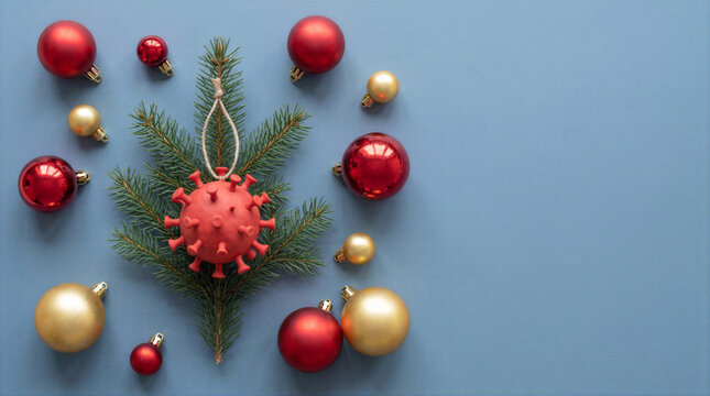 Virus shaped ornament on Christmas fir with red and gold baubles and copy space
