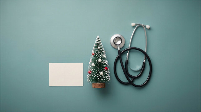 Stethoscope and miniature Christmas tree with blank card for festive healthcare message