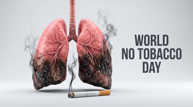 World No Tobacco Day concept with damaged human lungs, smoking cigarette causing lung cancer and respiratory disease, medical health awareness poster