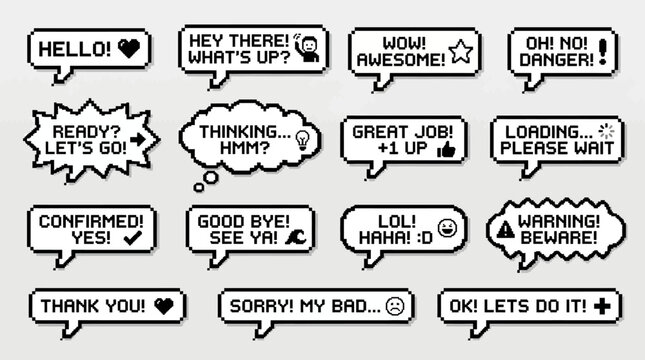 A collection of pixel art speech bubbles with various messages and icons, designed in a retro 8-bit video game style, perfect for digital interfaces.