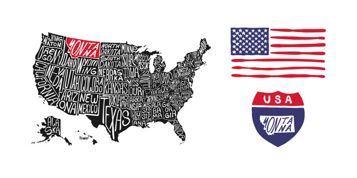 Montana highlighted on a hand-drawn map of the United States with flag and shield