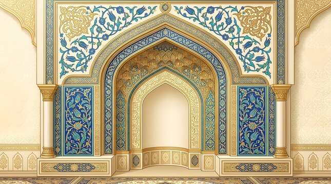 Ornate mihrab featuring intricate islamic geometric patterns and vibrant floral arabesque motifs rendered in gold blue and cream colors creating a luxurious 