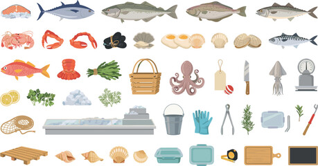 Commercial seafood market display icons set featuring diverse raw fish octopus shrimp and vendor tools vector © MdMonirul