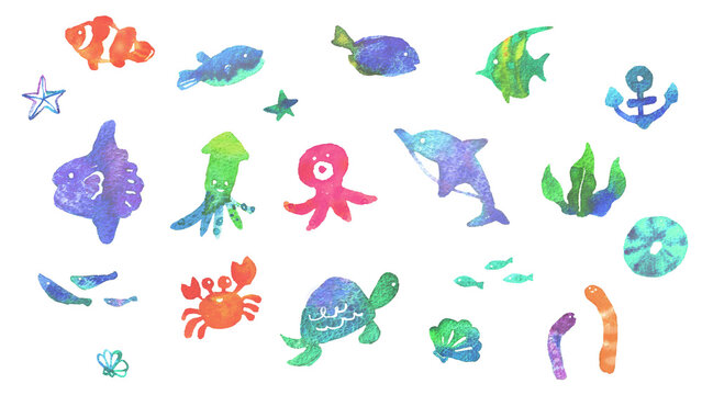 可愛い海の生き物と魚の手描き水彩イラストパーツセット（水族館・夏・アイコン素材） Cute sea creatures and fish hand-drawn watercolor illustration parts set (Aquarium, Summer)