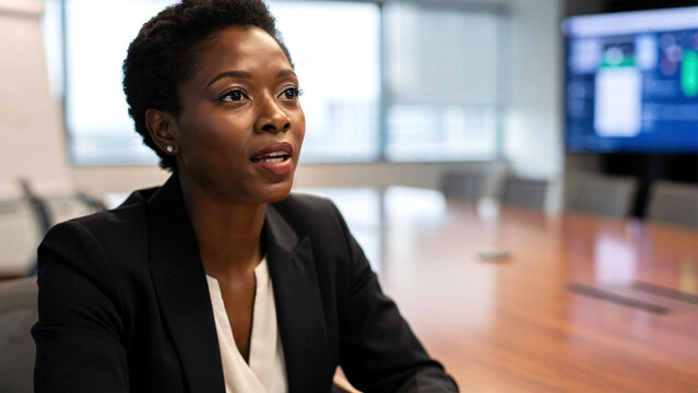 Black businesswoman speaking at corporate meeting, close-up portrait, office boardroom background.
