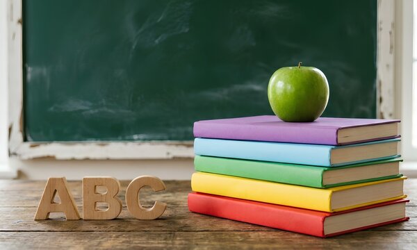 Happy teacher's day books apple abc blocks on wooden desk