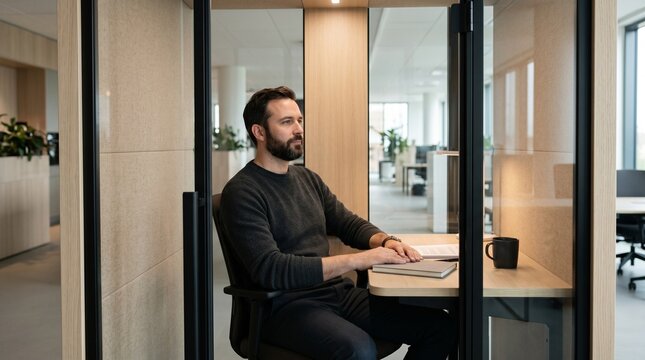 Man in compact acoustic pod concentrating on work at small desk with coffee