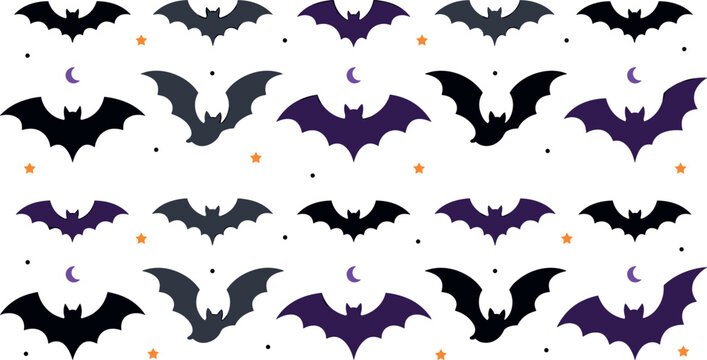 Spooky Halloween Flying Bat Silhouette Icon Set with Star and Moon Elements for Greeting Cards Party Invitations Backdrops and Festive Pattern Graphic Designs