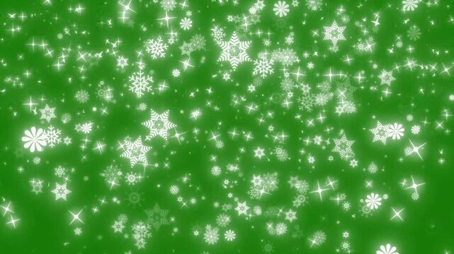 Animated realistic detailed snow flakes slowly falling densely against green background, christmas snow winter holiday alpha channel for greeting cards, intro, presentations, 4k loop