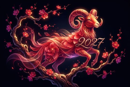 Ram with flowing floral mane and ornate blossom branches around glowing 2027