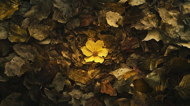 Rustic autumn background with dense pile of crisp fallen leaves and single yellow flower