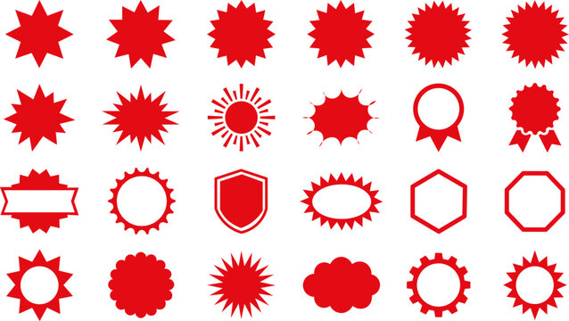 Red starburst sale sticker set. Flash explosion star burst badges collection, blank promotional price tag and special offer discount comic explosion labels bundle