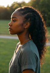 Naklejka premium Young african american woman with long curly hair in profile outdoors during golden hour, the natural light highlights her features and hair, creating a serene and thoughtful mood