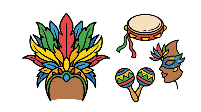 Colorful carnival costume accessories and musical instruments set