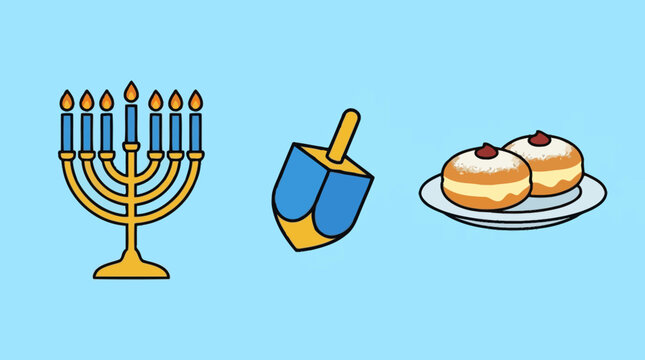 A golden menorah with a dreidel and two jelly donuts