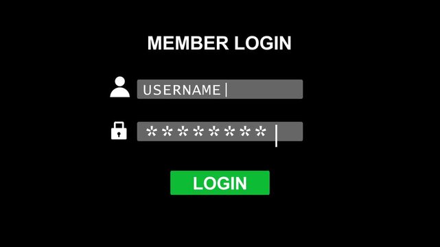 Member Login Screen Interface Animation with Typing Username and Password Fields Isolated on Black Background Cyber Security Motion Graphic