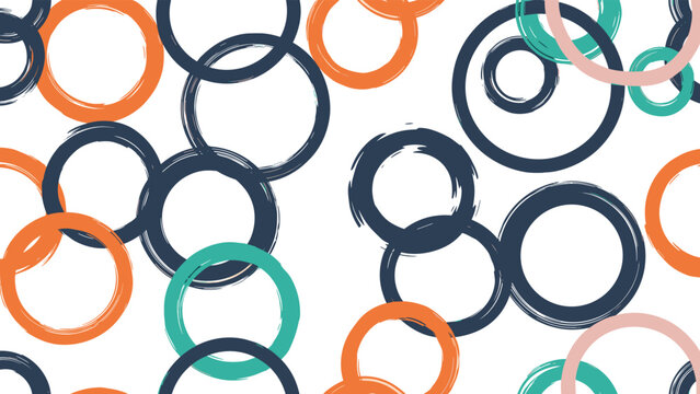 Artistic seamless pattern featuring scattered grunge-textured rings and circles in various sizes and vibrant colors like orange, blue, and teal on a clean white background.