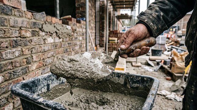 Close up of bricklayer hand using trowel with cement mortar on construction site.