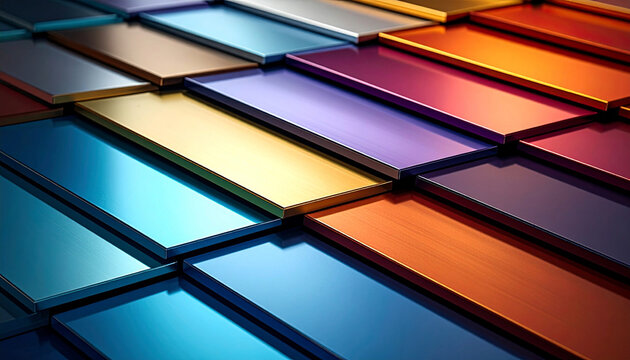 Close-up view of arranged anodized aluminum samples in a variety of vibrant colors including blue, gold, purple, and orange. Architecture, industrial design, and technology backgrounds.