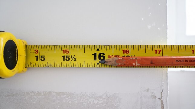 Close up yellow tape measure marking sixteen inches on white wall.