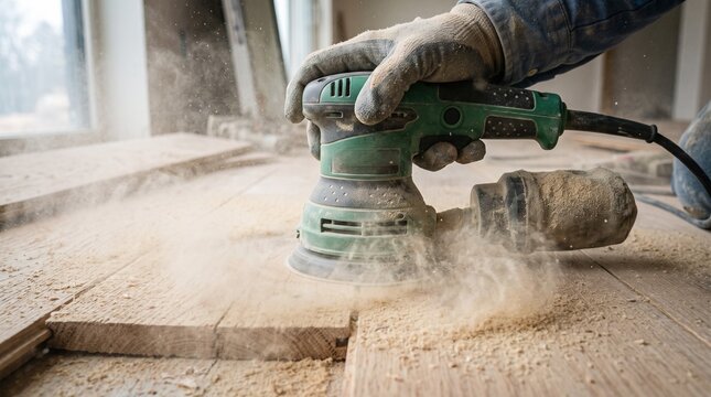Professional worker using electric orbital sander on wooden floor surface.
