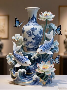 Masterpiece blue and white porcelain fantasy sculpture depicting elegant koi swimming in waves near a classical ceramic vase with lotus flowers butterflies clouds and gold