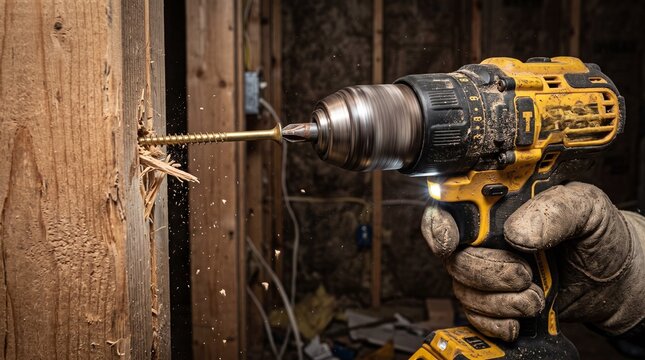 Yellow cordless power drill boring hole into wooden stud framing construction site.