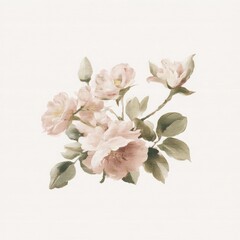 Obraz premium Soft watercolor pink flowers with green leaves on a clean white background.
